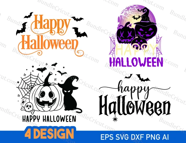 Enhance your Halloween projects with our Happy Halloween SVG bundle! Includes four unique designs in six versatile file formats.