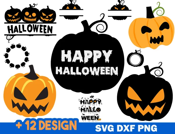 Free Halloween SVG Design Bundle featuring 12 unique designs including witches, pumpkins, ghosts, and haunted houses, available in SVG, DXF, and PNG formats.
