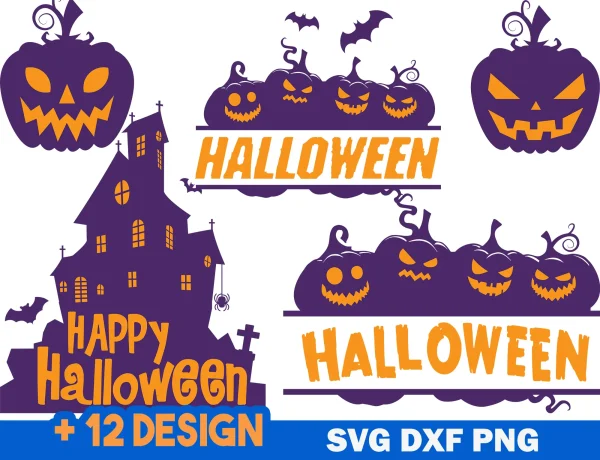 12 unique Halloween SVG designs featuring witches, pumpkins, ghosts, and haunted houses, available in SVG, DXF, and PNG formats for crafting and digital projects.